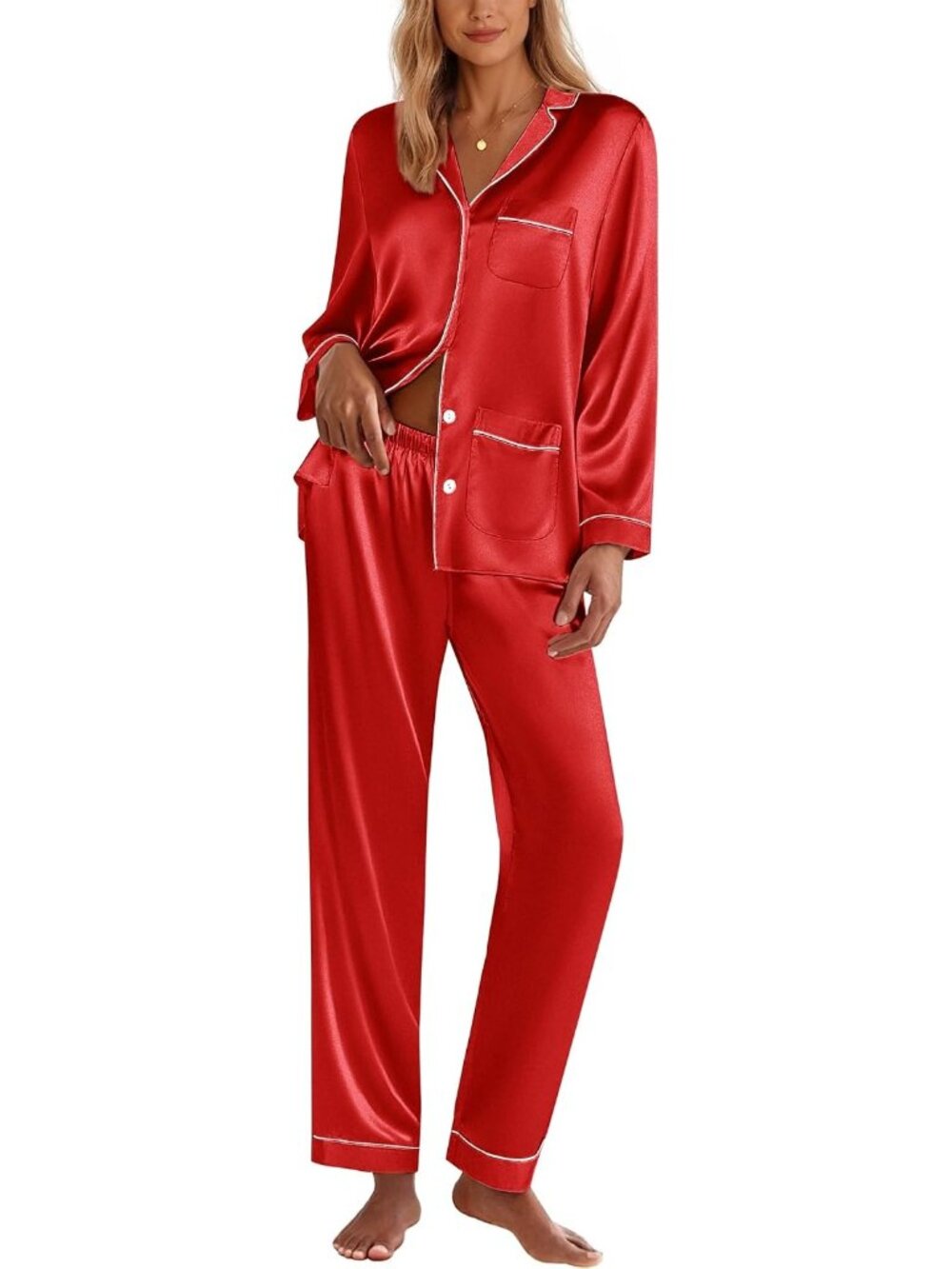 Women Red Soft Button Down Long Sleeve Sleepwear Pajama Set with Pocket